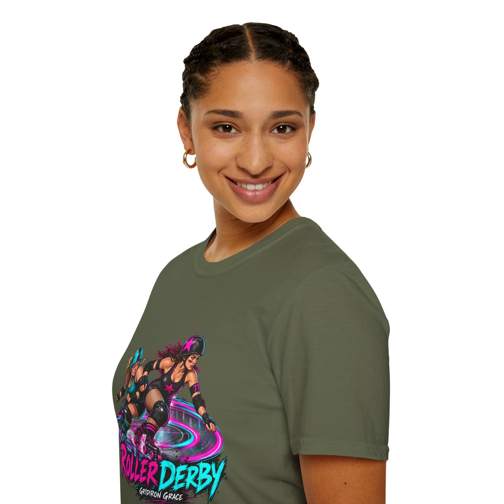 Roller Derby Graphic T-Shirt — Neon Skate Team “Roller Derby” Design