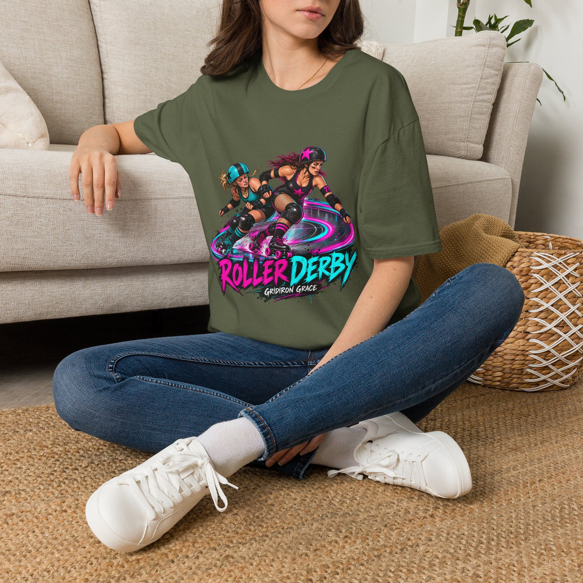 Roller Derby Graphic T-Shirt — Neon Skate Team “Roller Derby” Design